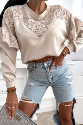 дамска блуза с дантела и ефектни ръкави ELARIETA BEIGE